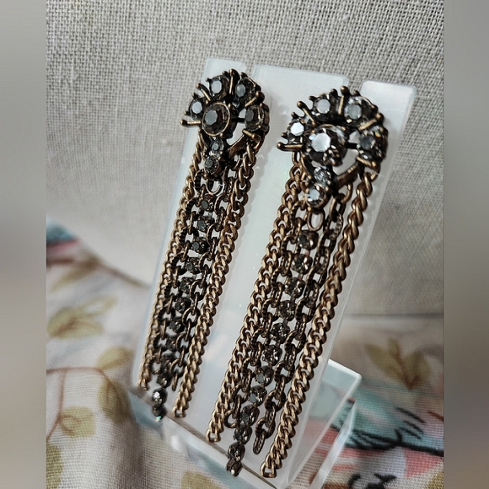 Stella and Dot Pierced Earrings Antique Brass Dangle Style Dark Stone Crystals